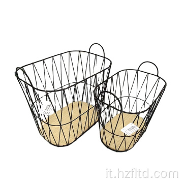 Set portaoggetti in filo metallico e legno con maniglie